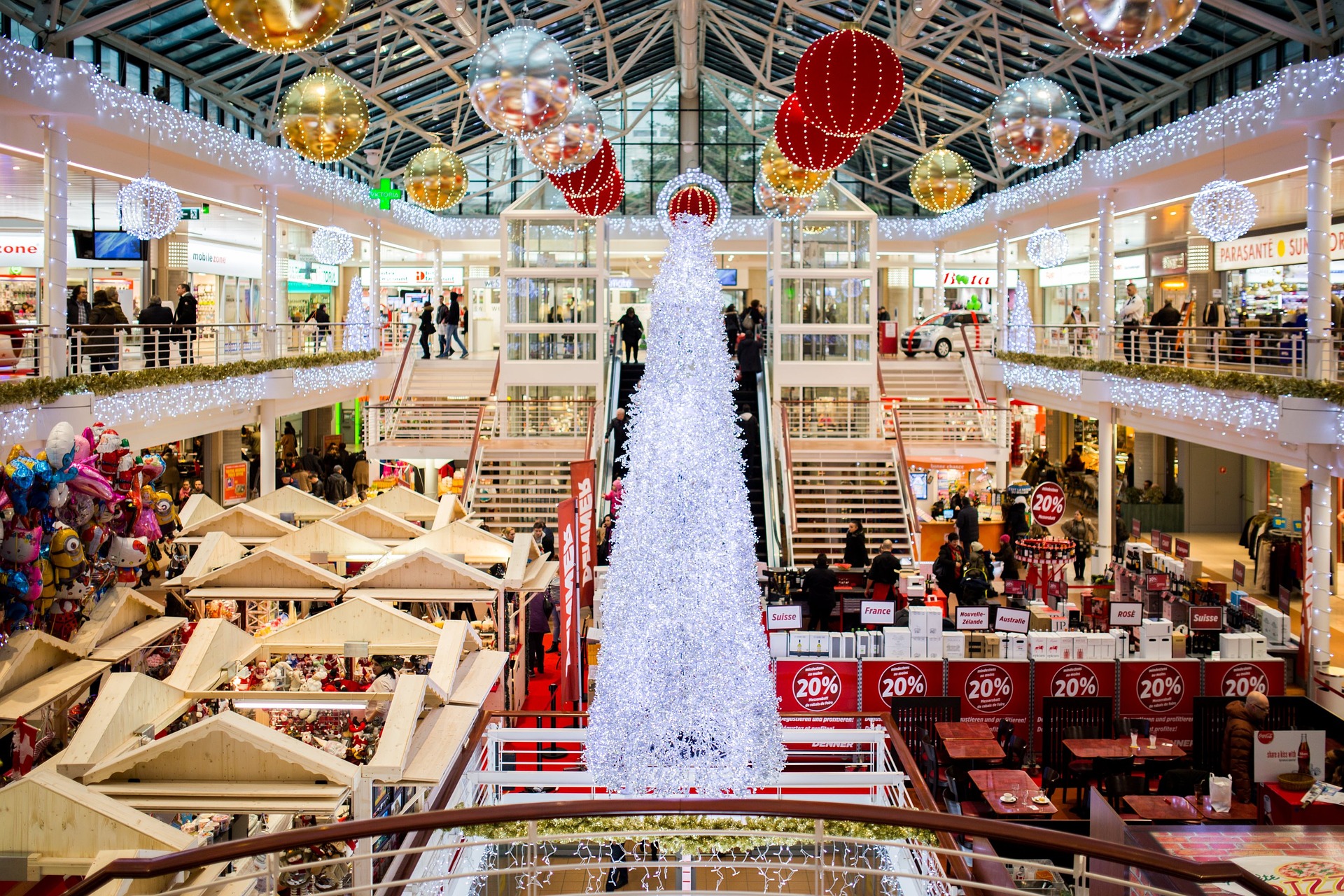 Shopping mall in the winter time decorated for Christmas