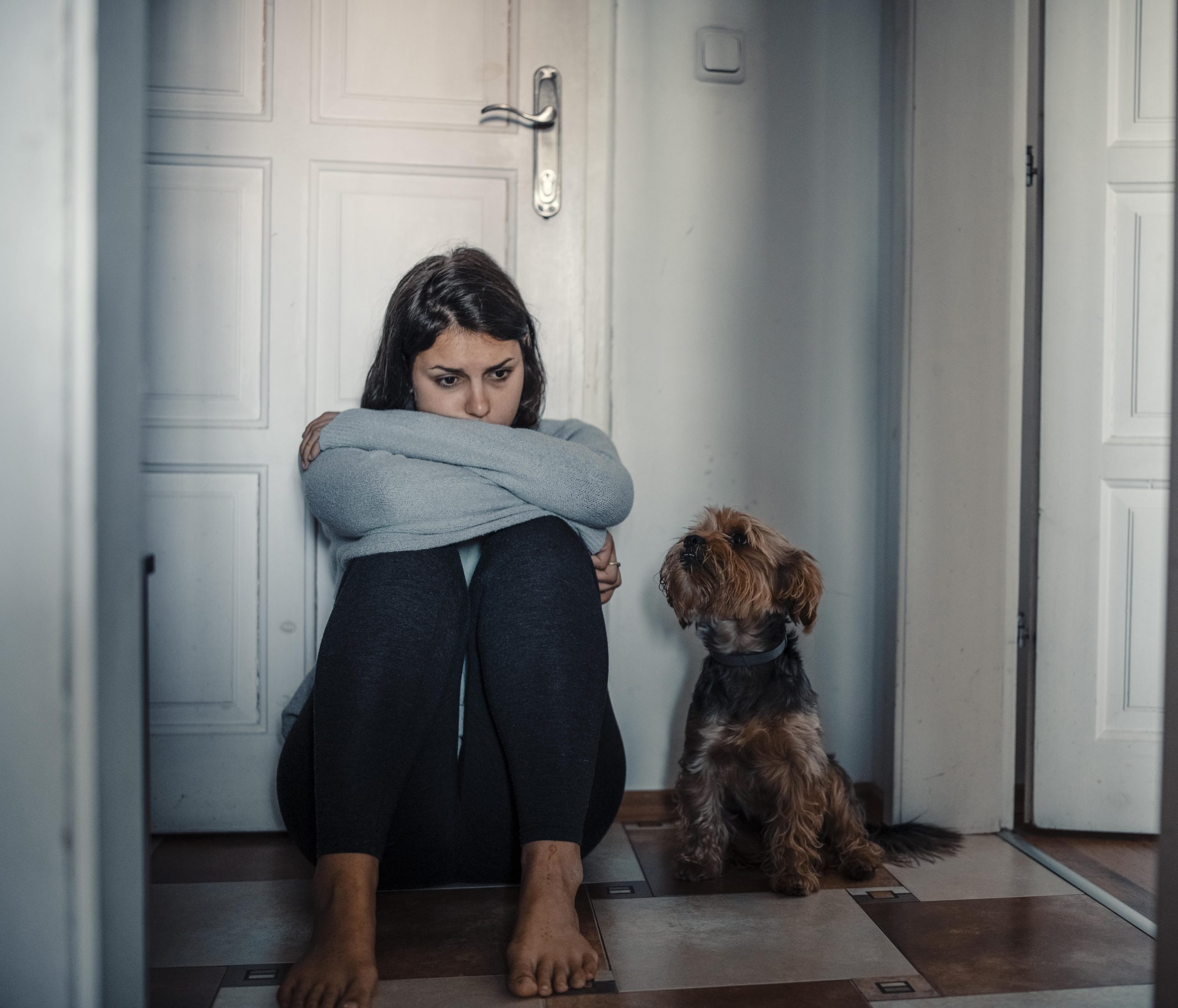 woman sitting on the floor next to dog
