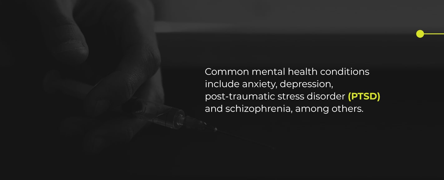 Common mental health conditions include anxiety, depression, post-traumatic stress disorder (PTSD) and schizophrenia, among others