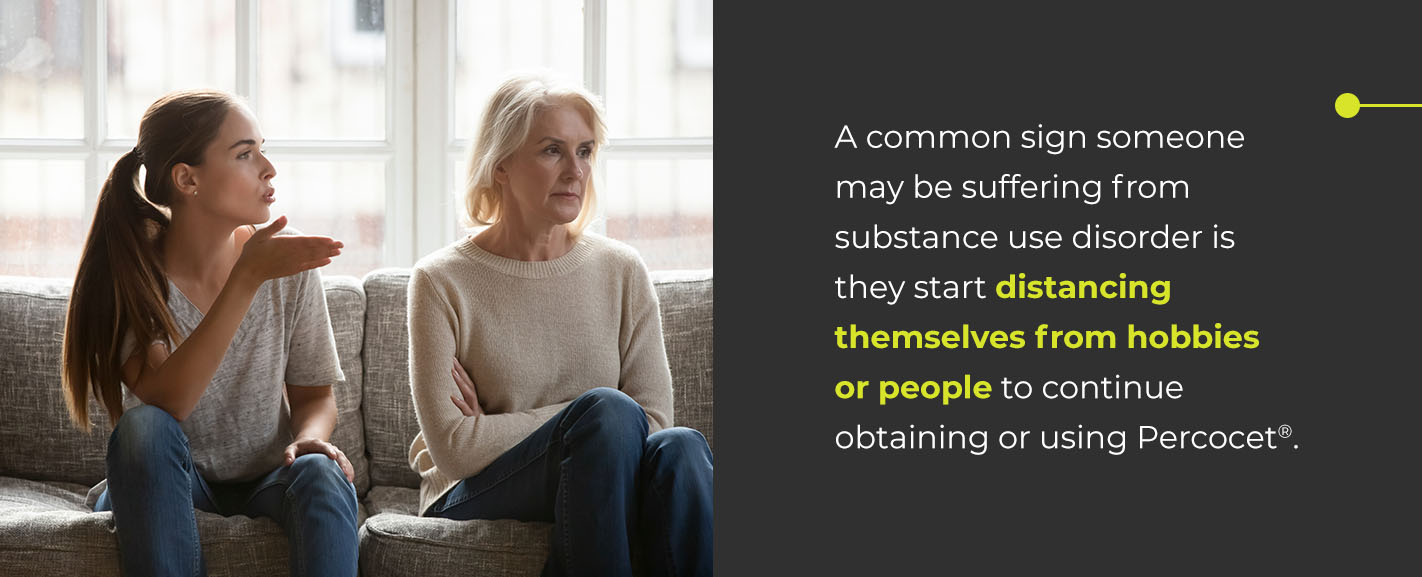 A common sign someone may be suffering from substance use disorder is they start distancing themselves from hobbies or people to continue obtaining or using Percocet®.
