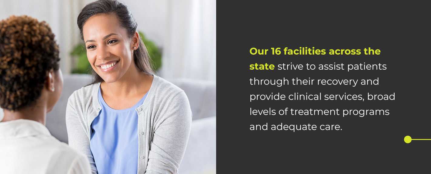 Our 16 facilities across the state strive to assist patients through their recovery and provide clinical services, broad levels of treatment programs and adequate care.