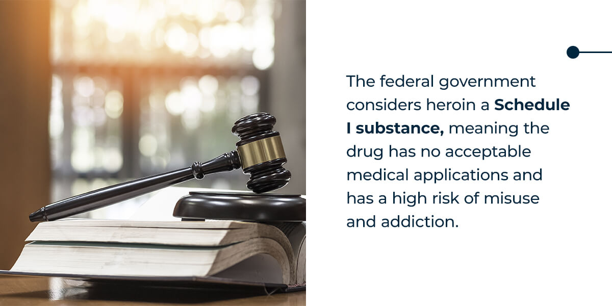 The federal government considers heroin a Schedule I substance, meaning the drug has no acceptable medical applications and has a high risk of misuse and addiction.
