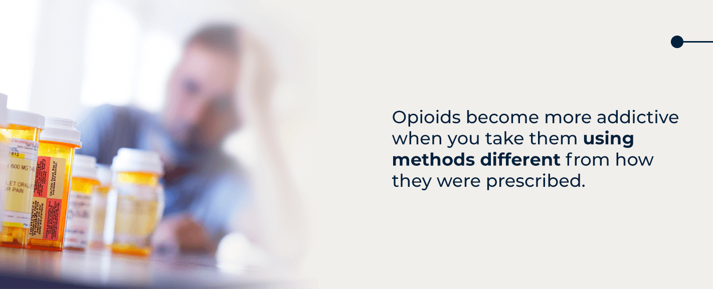 Opioids become more addictive when you take them using methods different from how they were prescribed.