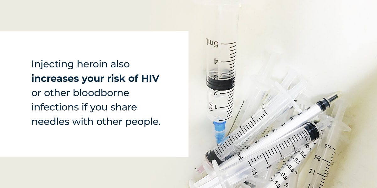 Injecting heroin also increases your risk of HIV or other bloodborne infections if you share needles with other people.