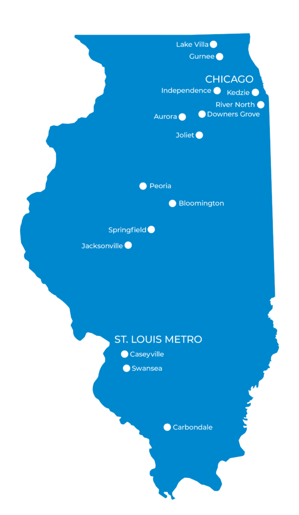 Map image of our 17 treatment centers throughout Illinois