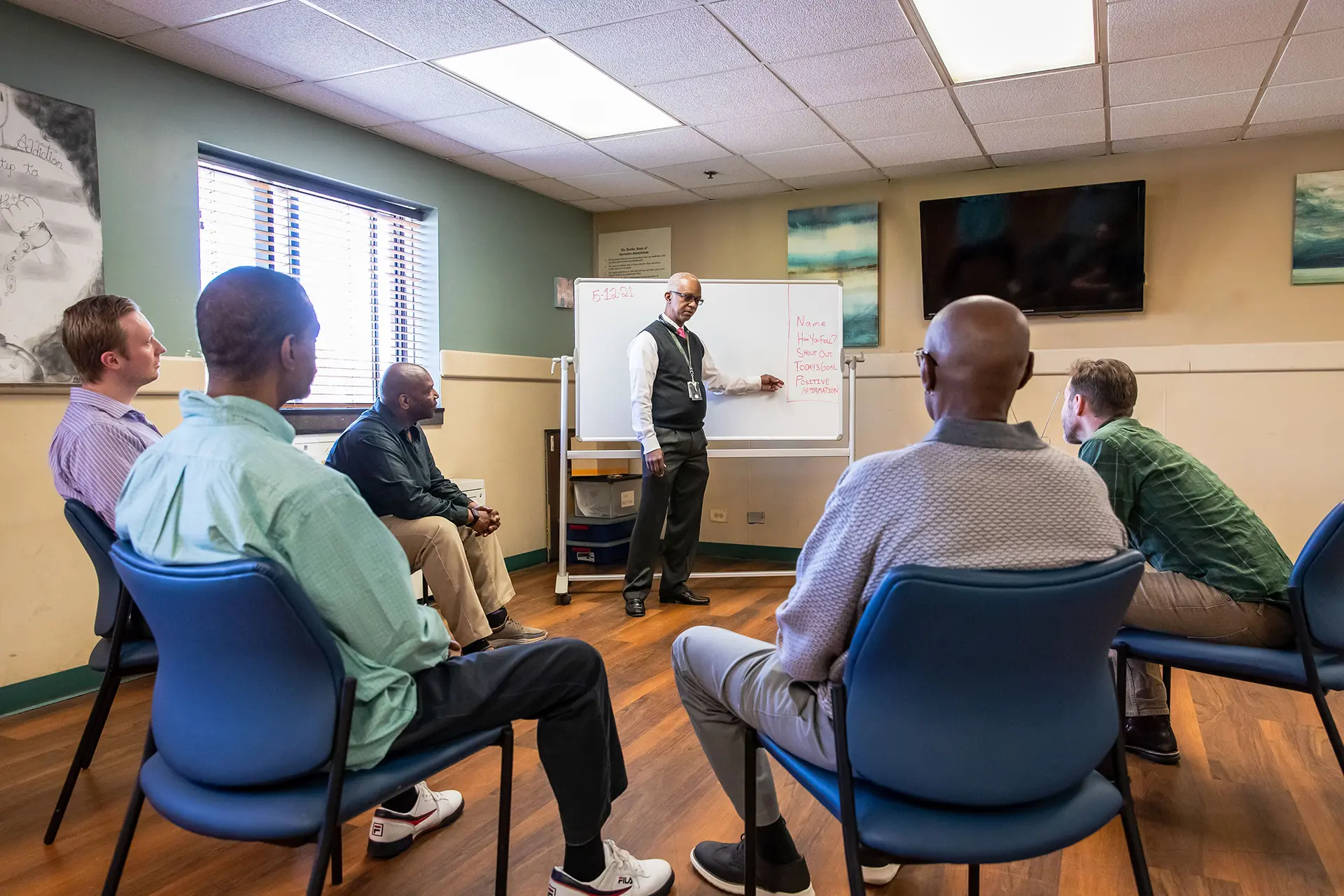 Patients in a circle of chairs attending a group session for intensive outpatient treatment